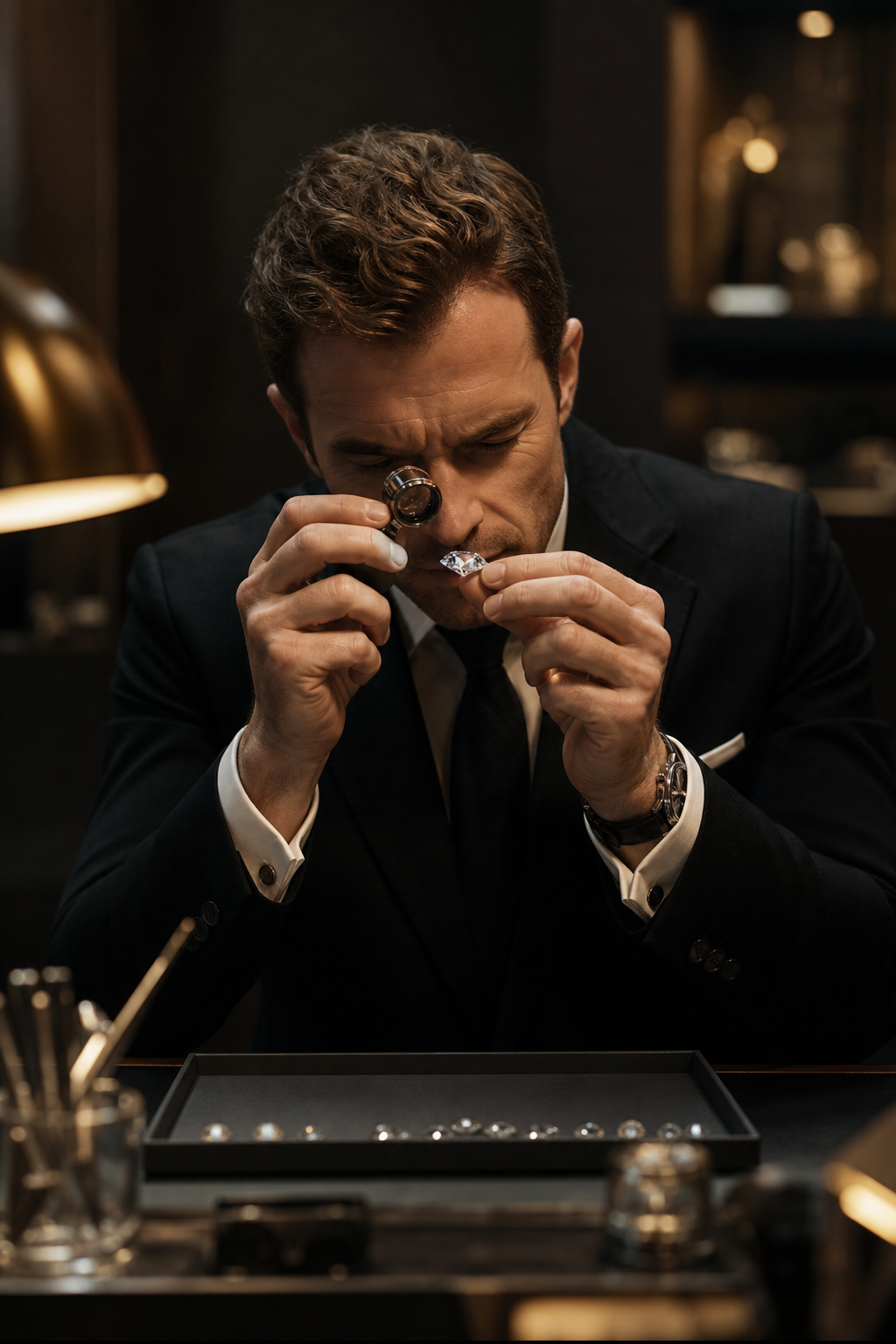 Insurance specialist inspecting fine jewelry